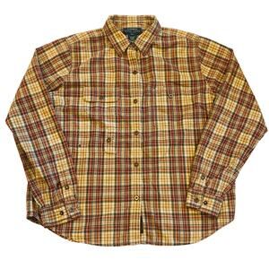 Vtg Lauren Ralph Lauren Shirt Womens Large Petite Beige Plaid Snap Long Sleeve